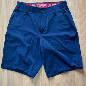 Under Armour Navy Athletic Shorts with Red Waistband Accent